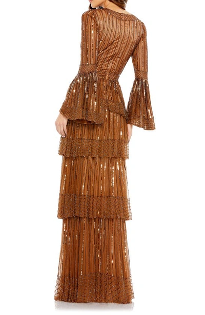 Shop Mac Duggal Sequin Stripe Long Sleeve Tiered Ruffle Gown In Copper