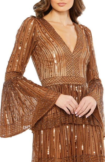 Shop Mac Duggal Sequin Stripe Long Sleeve Tiered Ruffle Gown In Copper