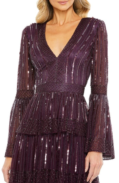 Shop Mac Duggal Sequin Stripe Long Sleeve Tiered Ruffle Gown In Blackberry