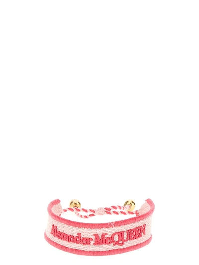 Shop Alexander Mcqueen Embroidered Logo Bracelet In Pink