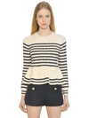 RED VALENTINO STRIPED CABLE WOOL KNIT PEPLUM jumper, WHITE/NAVY