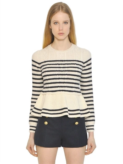 Red Valentino Striped Cable Wool Knit Peplum Sweater, White/navy