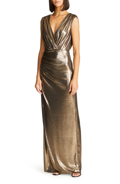 Shop Halston Misha Metallic Jersey Gown In Antique Gold