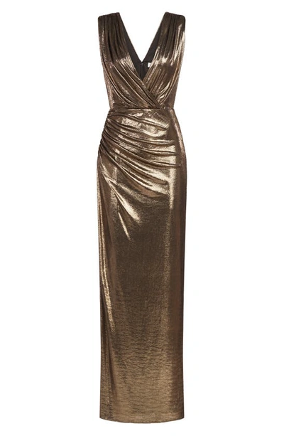 Shop Halston Misha Metallic Jersey Gown In Antique Gold
