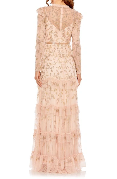 Shop Mac Duggal Floral Beaded Appliqué Long Sleeve Tiered Gown In Blush