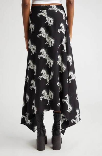 Shop Stella Mccartney Pixel Horse Print Handkerchief Hem Silk Skirt In 8524 White/black