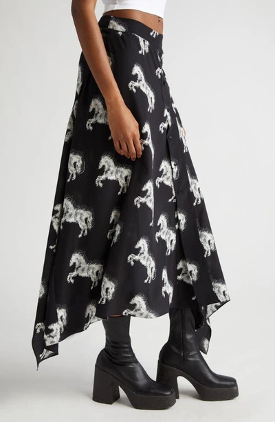 Shop Stella Mccartney Pixel Horse Print Handkerchief Hem Silk Skirt In 8524 White/black