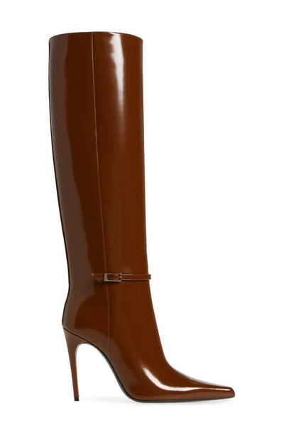 Shop Saint Laurent Vendome Pointy Toe Patent Leather Boot In Cognac