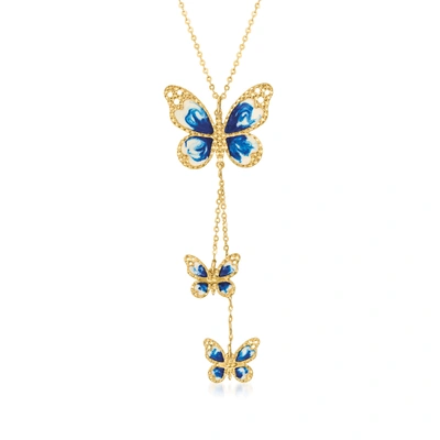 Shop Ross-simons Italian Blue And White Enamel Butterfly Necklace In 14kt Yellow Gold