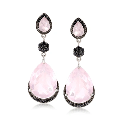 Ross-simons Rose Quartz And Black Spinel Drop Earrings In Sterling Silver In Pink