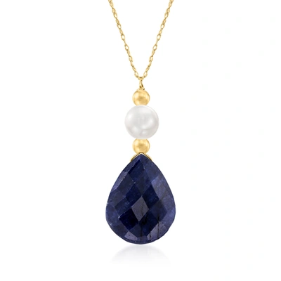 Shop Ross-simons Cultured Pearl And Sapphire Necklace In 14kt Yellow Gold In Blue