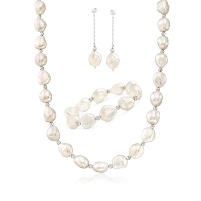 Ross-simons 11-12mm Cultured Baroque Pearl And Sterling Silver Jewelry Set: Earrings, Bracelet And Necklace In Multi