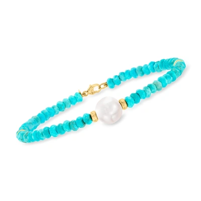 Shop Ross-simons 9-10mm Cultured Pearl And Turquoise Bead Bracelet In 14kt Yellow Gold In Blue