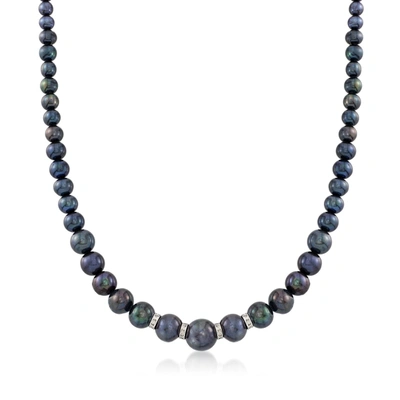 Ross-simons 5-11.5mm Graduated Black Cultured Pearl Necklace With . Diamonds And Sterling Silver In Silver