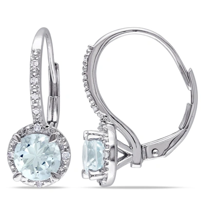 Shop Mimi & Max 1 1/2ct Tgw Aquamarine And Diamond Leverback Halo Earrings In Sterling Silver In Blue