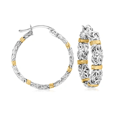 Ross-simons Byzantine Station Hoop Earrings In Sterling Silver With 14kt Yellow Gold In Silver