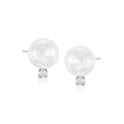 Ross-simons 6-6.5mm Cultured Akoya Pearl And Diamond Accent Earrings In 14kt Yellow Gold In White