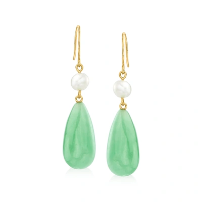 Shop Canaria Fine Jewelry Canaria Jade And 5-5.5mm Cultured Pearl Drop Earrings In 10kt Yellow Gold In Green