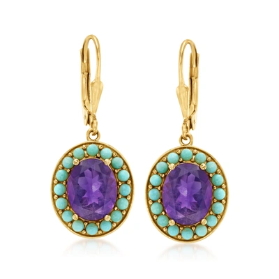 Ross-simons Turquoise And Amethyst Drop Earrings In 18kt Gold Over Sterling In Multi