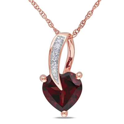 Mimi & Max Heart Shaped Garnet Pendant And Chain With Diamonds In 10k Rose Gold In Red