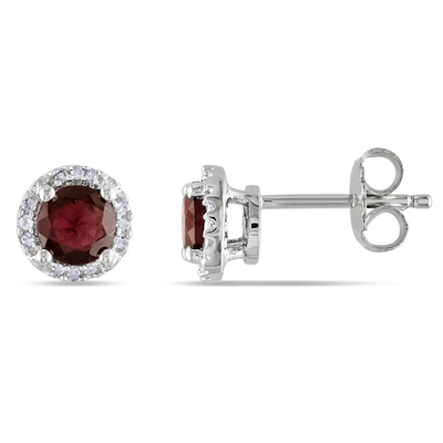 Mimi & Max Garnet And Diamond Halo Stud Earrings In Sterling Silver In Red