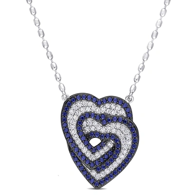 Shop Mimi & Max Interlocking Hearts Pendant With Chain In Sterling Silver In Blue