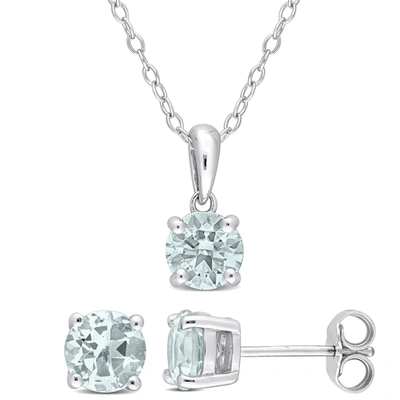 Shop Mimi & Max 2 1/10 Ct Tgw Aquamarine 2-piece Set Of Pendant With Chain And Earrings In Sterling Silver