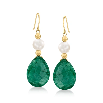 Ross-simons Cultured Pearl And Emerald Drop Earrings In 14kt Yellow Gold In Green