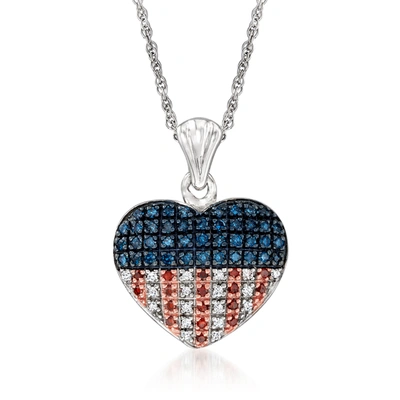 Shop Ross-simons Red, White And Blue Diamond American Flag Heart Pendant Necklace In Sterling Silver In Multi
