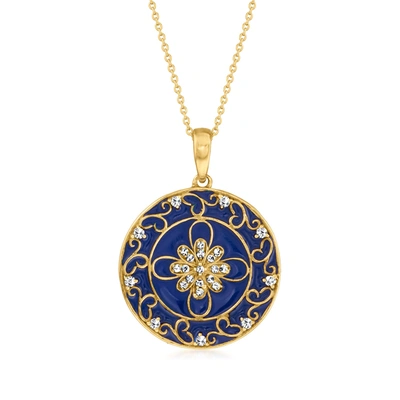 Shop Ross-simons White Zircon And Blue Enamel Floral Medallion Pendant Necklace In 18kt Gold Over Sterling