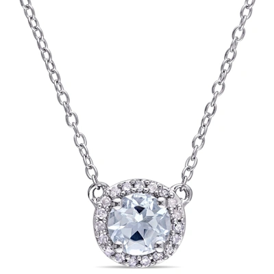 Shop Mimi & Max 1/10ct Tw Diamond And Aquamarine Halo Necklace In Sterling Silver In Blue