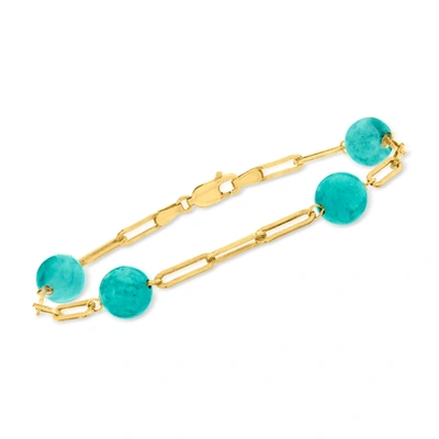 Shop Ross-simons 8mm Turquoise Bead Paper Clip Link Bracelet In 18kt Gold Over Sterling In Blue
