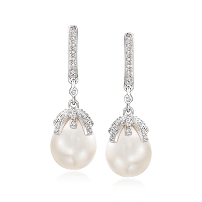 Shop Ross-simons 9-9.5mm Cultured Pearl And . Diamond Drop Earrings In Sterling Silver In White