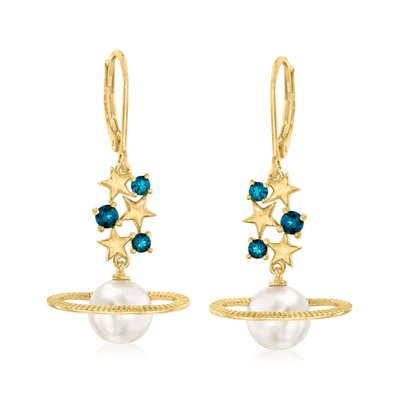 Ross-simons 8.5-9mm Cultured Pearl And . London Blue Topaz Celestial Drop Earrings In 18kt Gold Over Sterling In Blue