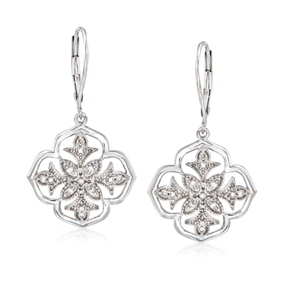 Shop Ross-simons Diamond Floral Openwork Drop Earrings In Sterling Silver