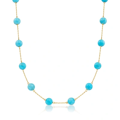 Shop Ross-simons 8mm Turquoise Bead Station Necklace In 14kt Yellow Gold In Blue