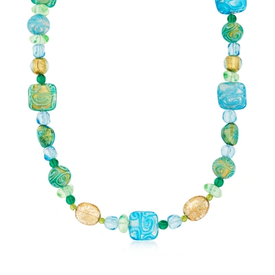 Shop Ross-simons Italian Blue And Green Patterned Murano Glass Bead Necklace With 18kt Gold Over Sterling