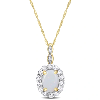 Mimi & Max 1 1/2 Ct Tgw Oval Shape Opal And White Topaz And Diamond Accent Halo Pendant With Chain In 14k Yello In Silver