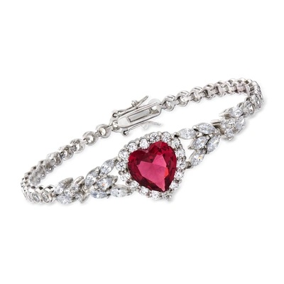 Shop Ross-simons Simulated Ruby And Cz Heart Bracelet In Sterling Silver In Red