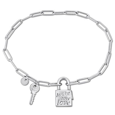 Mimi & Max Paper Clip Link Charm Bracelet W/lock And Key Clasp In Sterling Silver - 7.5 In. In Silver