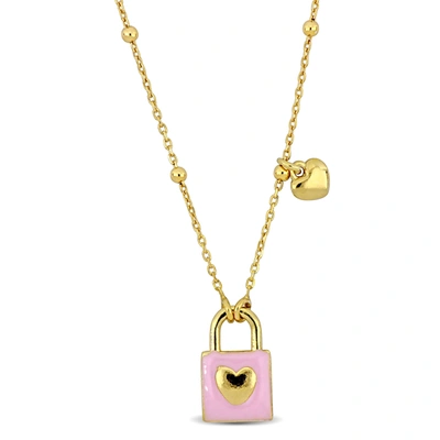 Mimi & Max Pink Enamel Lock And Heart Charm Necklace On Diamond Cut Ball Bead Chain In Yellow Silver- 16.5+1 In In Pink