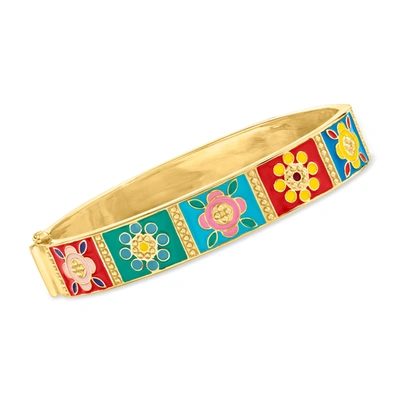Shop Ross-simons Multicolored Enamel Floral Patchwork Bangle Bracelet In 18kt Gold Over Sterling