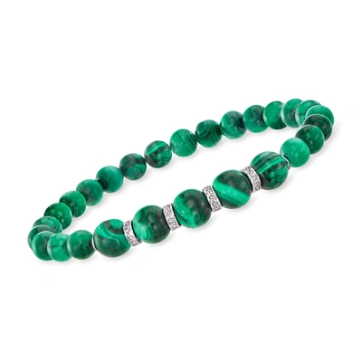 Shop Ross-simons 6-8mm Malachite Bead And . Diamond Graduated Bracelet In Sterling Silver In Green