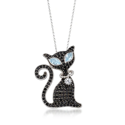 Ross-simons Black Spinel And Blue And White Topaz Cat Pin Pendant Necklace In Sterling In Silver