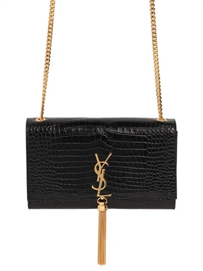 Shop Saint Laurent Medium Kate Monogram Croc Embossed Bag, Black