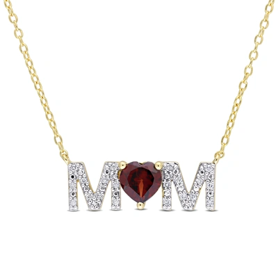 Mimi & Max 4/5 Ct Tgw Heart Garnet And 1/10 Ct Tdw Diamond "mom" Pendant With Chain In Yellow Plated Sterling S In Red