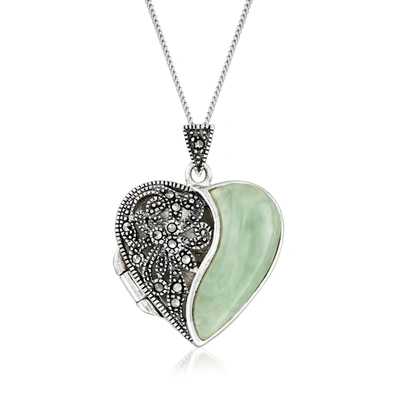 Shop Ross-simons Jade And Marcasite Heart Locket Necklace In Sterling Silver In Green