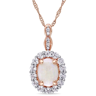 Mimi & Max 1 1/2 Ct Tgw Oval Shape Opal, White Topaz And Diamond Accent Vintage Pendant With Chain In 14k Rose In White