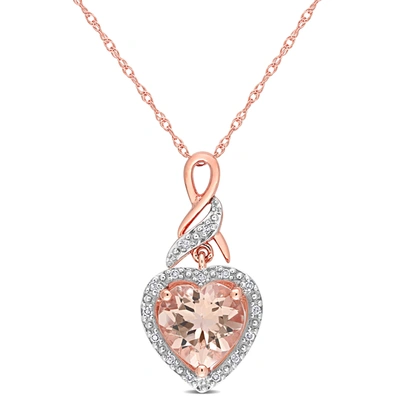 Mimi & Max Halo Diamond And Heart Shaped Morganite Pendant With Chain In 10k Rose Gold In Pink