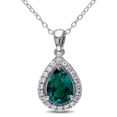 Mimi & Max Women's 1 1/2ct Tgw Created Emerald And Created White Sapphire Teardrop Halo Pendant With Chain In S In Green